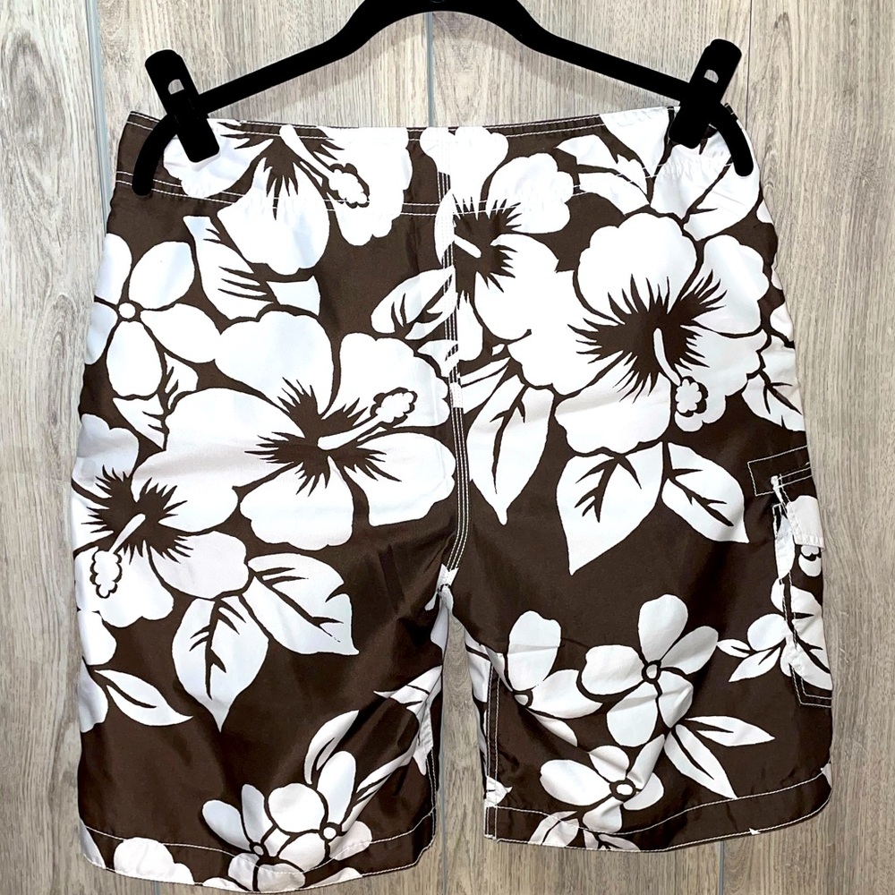 Old Navy Brown & White Floral Surf Shorts Lined Cargo Pocket Tie Front Sz M - Picture 1 of 11